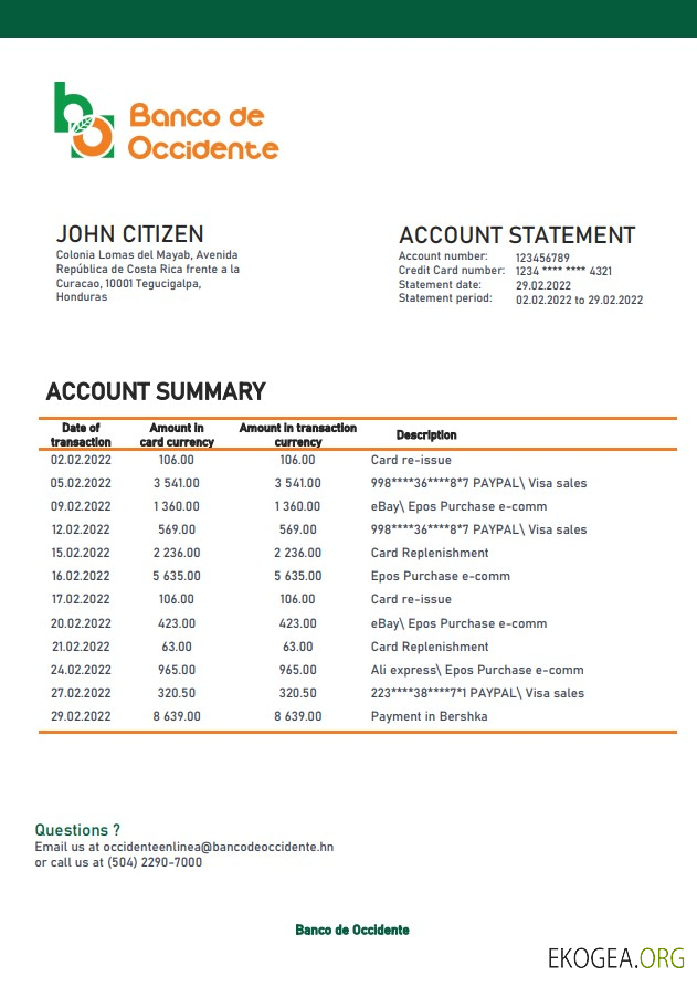 Déclaration de la Banco de Occidente du Honduras